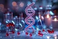 Futuristic DNA molecule structure with red spheres in scientific laboratory setting, illuminated by soft bokeh lights perfect for genetics and biotechnology concepts.