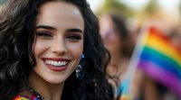 Young Hispanic woman with curly dark hair and bright smile at pride parade celebration, rainbow flag in background, representing diversity and inclusion.