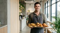 Smiling male baker in apron holding tray of fresh croissants in modern bakery shop with natural light and plants, ready for sale or cafe use.