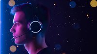 Young man with headset microphone in profile against cosmic starry background with colorful bokeh lights for gaming streaming and communication.