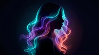 Woman silhouette with flowing neon hair in vibrant blue, purple and pink colors against dark background for creative design projects.