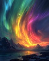 Vibrant aurora borealis displays rainbow colors over mountain landscape at sunset, reflecting in calm lake waters with rocky shore and starry sky background.