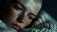 Close-up portrait of young woman with freckles and natural beauty wrapped in cozy knitted sweater against dark background, conveying vulnerability and introspection.