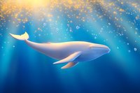 Mystical whale swimming in deep blue ocean waters surrounded by glowing golden particles and light beams creating magical underwater atmosphere.