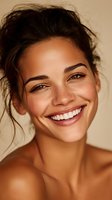 Young Mediterranean woman with radiant smile and glowing skin laughing joyfully against warm beige background for beauty and wellness campaigns.