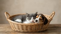 Gray and white kitten cuddling with brown and white beagle puppy in wicker basket on wooden surface against neutral background for pet care concepts.