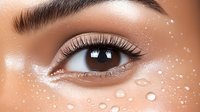 Close up of brown eye with long eyelashes and perfectly shaped eyebrow on glowing skin with water drops, highlighting beauty and skincare concept.