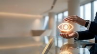 Businessperson holding glowing eye icon symbolizing vision, insight, and awareness in modern office environment for corporate concepts.