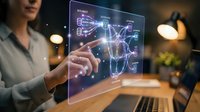 Professional woman interacting with futuristic holographic world map display showing global network connections in modern office workspace.