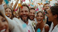 Joyful celebration moment with confetti flying around laughing wedding guests, capturing genuine emotions and festive atmosphere at outdoor party gathering.