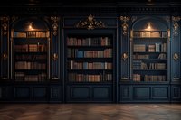 Luxurious dark blue library interior with ornate baroque bookcases filled with antique books, illuminated by warm sconces against carved wooden panels and herringbone floor.
