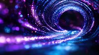 Swirling cosmic spiral with glowing blue and purple particles creating magical light tunnel effect against dark background, abstract space design.