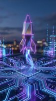 Neon rocket launching from circuit board with glowing data stream, futuristic cityscape background. Technology startup and innovation concept for business growth.