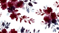 Burgundy and navy watercolor flowers scattered on white background, delicate floral pattern with loose botanical elements creates romantic seamless design for fabric and paper.