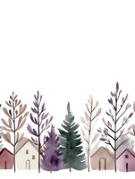 Watercolor winter landscape with small houses and trees in muted purple, brown and green tones, creating serene forest scene on white background.