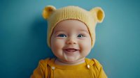 Smiling baby wearing yellow bear hat and matching outfit against turquoise background, capturing innocent joy and playful childhood moment.