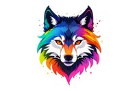 Colorful wolf head with rainbow-colored fur and piercing orange eyes against white background, stylized geometric art design for logo, tattoo or print decoration.
