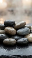 Wet smooth river stones stacked in zen balance arrangement on dark slate surface with water droplets for spa wellness meditation and natural therapy concepts.