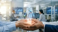 Young male and female professionals in business attire holding glowing holographic human anatomy model in modern office environment, representing healthcare technology, medical innovation, and digital wellness solutions.