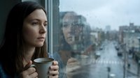 Woman with long dark hair and fair complexion gazing thoughtfully through rainy window while holding warm beverage, urban cityscape visible behind glass with water droplets, contemplative mood.