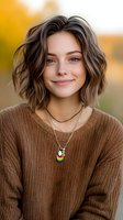 Young Caucasian woman with short wavy brown hair smiling warmly in cozy brown sweater with layered necklaces against soft autumn background for lifestyle content.