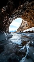 Dramatic ice cave with frozen lake surface and mountain view through natural arch opening. Winter landscape showing textured rock formations and snowy terrain.