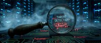 Cybersecurity threat detection concept with magnifying glass revealing malware code in futuristic digital server room environment for technology presentations.