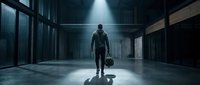 Man in dark jacket standing in industrial warehouse holding briefcase, dramatic lighting, business concept.
