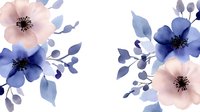 Delicate watercolor floral composition with navy blue and blush pink anemone flowers and dusty blue leaves arranged in elegant corners on white background.
