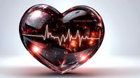 Red glass heart with electrocardiogram pulse trace glowing against dark background, medical concept showing heartbeat rhythm and cardiovascular health monitoring.