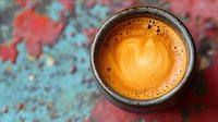 Fresh espresso with creamy heart-shaped foam pattern in dark ceramic cup on rustic turquoise and red textured surface, shot from above with selective focus.