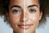 Close up portrait of young mixed race woman with natural freckles and curly afro hair showing skin care before and after results on white background.