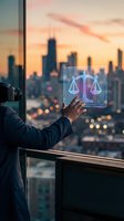 Professional lawyer using holographic justice scales interface in modern office overlooking city skyline at sunset for legal technology concepts.