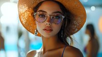 Young Asian woman in straw hat and stylish glasses with natural makeup and coral lipstick against blurred summer background with bokeh lights.