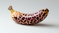 Ripe banana with unusual leopard print pattern skin on neutral background, creative food concept for healthy eating and tropical fruit.