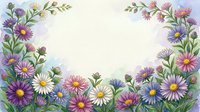 Watercolor floral frame with purple, pink and white daisy flowers and green leaves on light background with copy space.