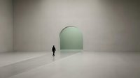 Man standing in minimalist interior space with large green arched doorway or portal, contemporary architecture concept for design and creative projects.