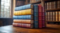 Stack of vintage leather-bound books in various colors on wooden table near window with library background, showing spines and classic binding details. Academic setting.