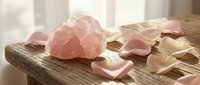 Raw rose quartz crystal on rustic wooden table surrounded by soft pink and cream rose petals in warm natural light.