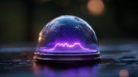 Glowing purple lightning trapped inside glass dome on dark reflective surface with bokeh lights creates magical atmospheric scene for fantasy designs.
