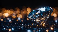 Sparkling blue diamond on dark surface with golden bokeh lights creating magical atmosphere, luxury jewelry concept for premium presentations.