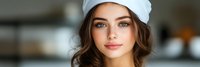 Young female chef with white hat in professional kitchen setting showcasing culinary career and hospitality industry workplace environment.