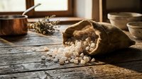 Rustic burlap sack spilling white beans on wooden kitchen counter with copper cookware and natural sunlight streaming through window creating warm atmosphere.