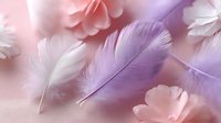 Soft pastel feathers and delicate flowers in pink and purple tones create dreamy romantic composition for feminine design projects and spring decorations.