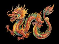 Ornate Asian dragon with flowing mane, scaled body in gold, red, and green, featuring traditional decorative patterns. Isolated on transparent background, ready for t-shirts, clipart, stickers, sublimation, and print-on-demand designs.