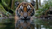 Majestic Bengal tiger swimming in dark water with intense gaze, head partially submerged. Close-up portrait shows detailed facial features reflected in calm surface.