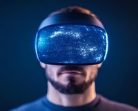 Man wearing virtual reality headset with cosmic space reflection in goggles against dark background, modern technology and innovation concept.