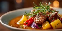Savory beef stew with tender meat, colorful vegetables, fresh rosemary garnish in ceramic bowl. Comfort food for restaurant menus and culinary content.