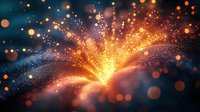 Magical glowing particles burst with bright orange and yellow light against dark blue background, creating ethereal cosmic effect. Suitable for fantasy designs.