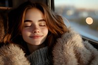 Young woman with closed eyes enjoying peaceful moment in cozy sweater by window during golden hour sunset light for relaxation and mindfulness concepts.